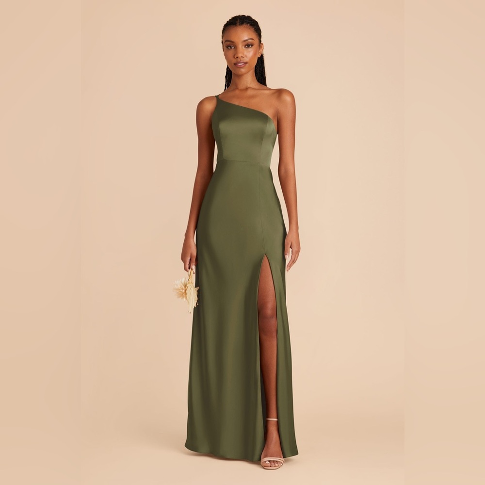 Birdy Grey Kenzie Matte Satin Dress in Martini One-Shoulder Olive green Gown NWT